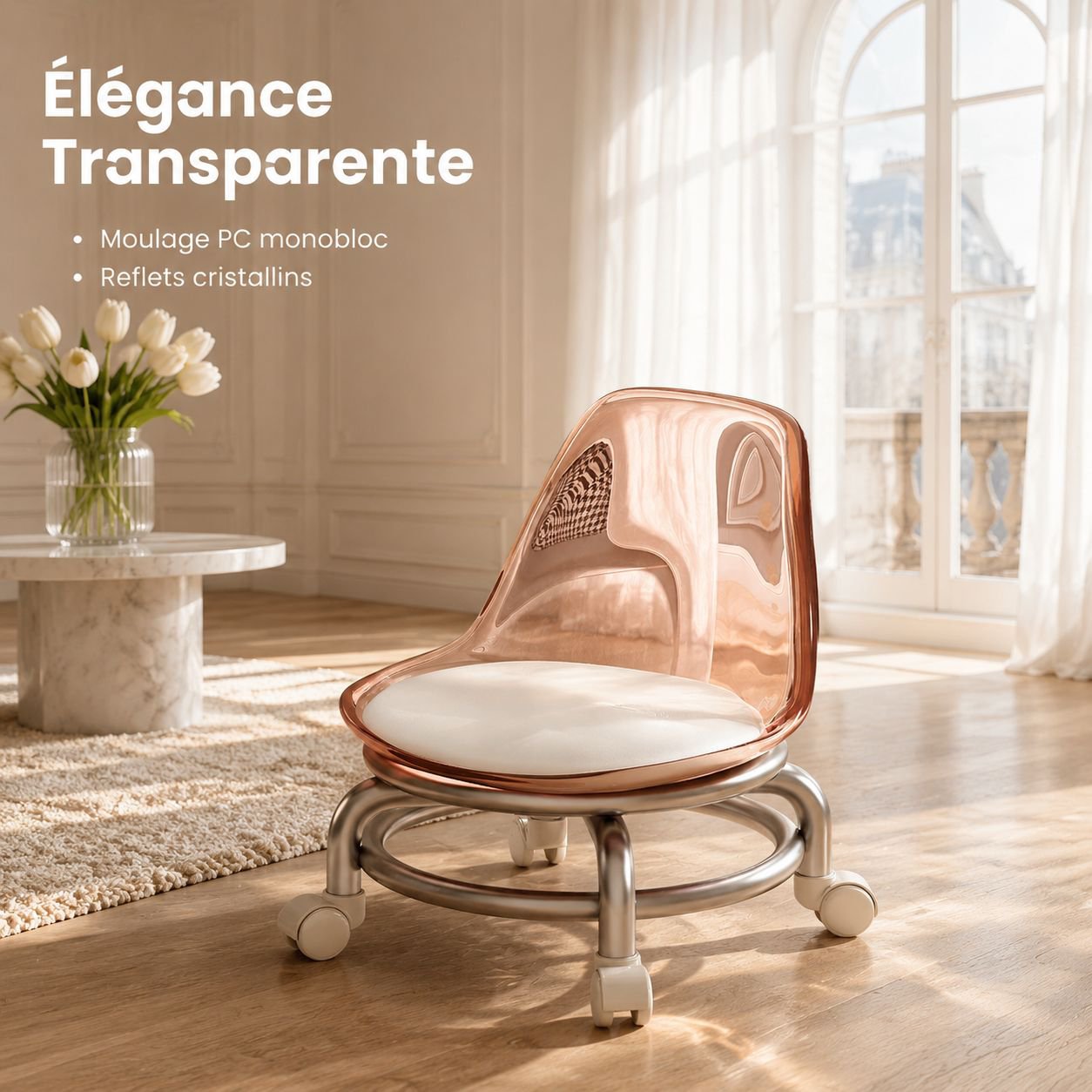 Tabouret pour enfants en plastique transparent à roulettes pivotantes
