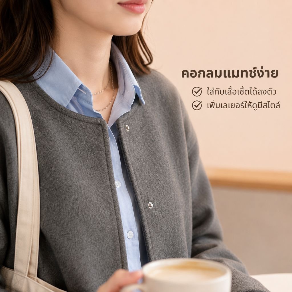 เสื้อครอปผ้าขนสัตว์คอกลมดีไซน์เก๋สำหรับผู้หญิง