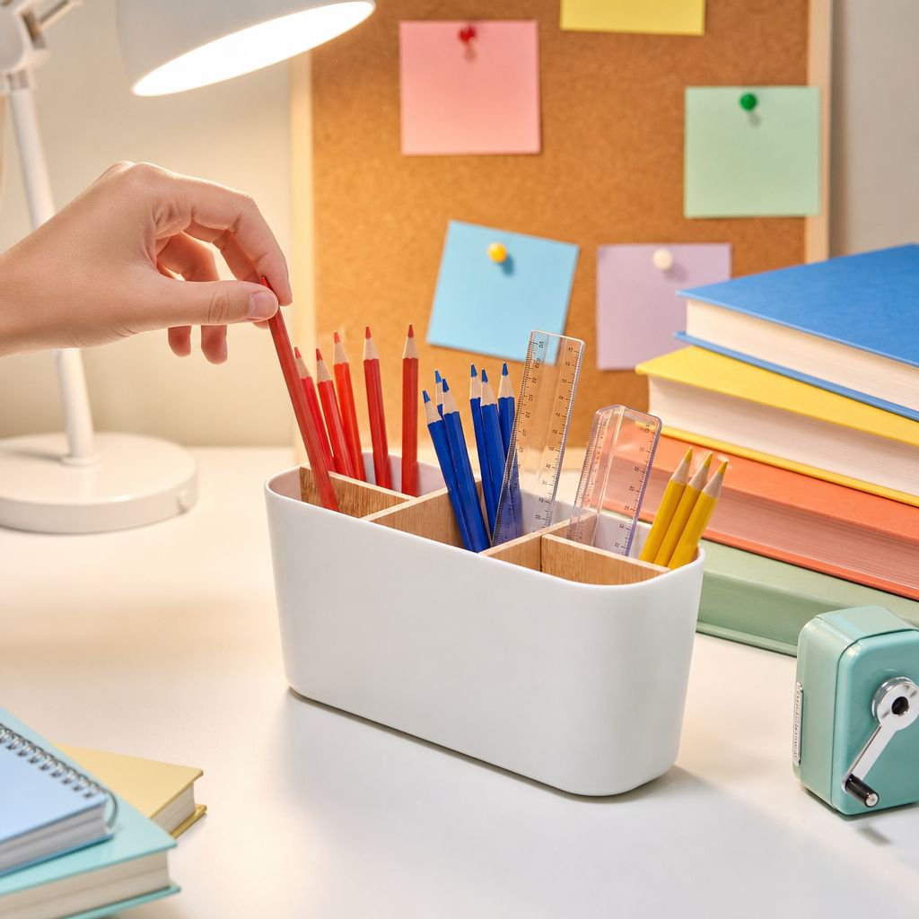 Bamboo desktop box keeping workspace tidy