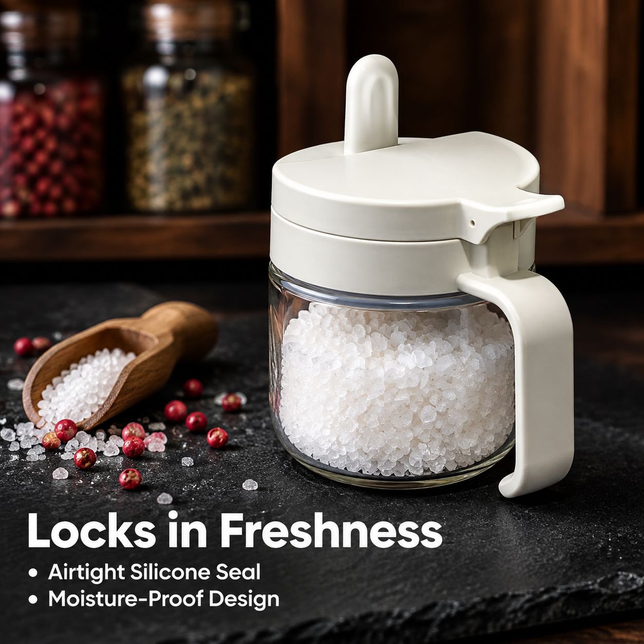 Airtight Moisture-Proof Plastic Spice Jar with Press Pop-Up Lid and Built-in Spoon