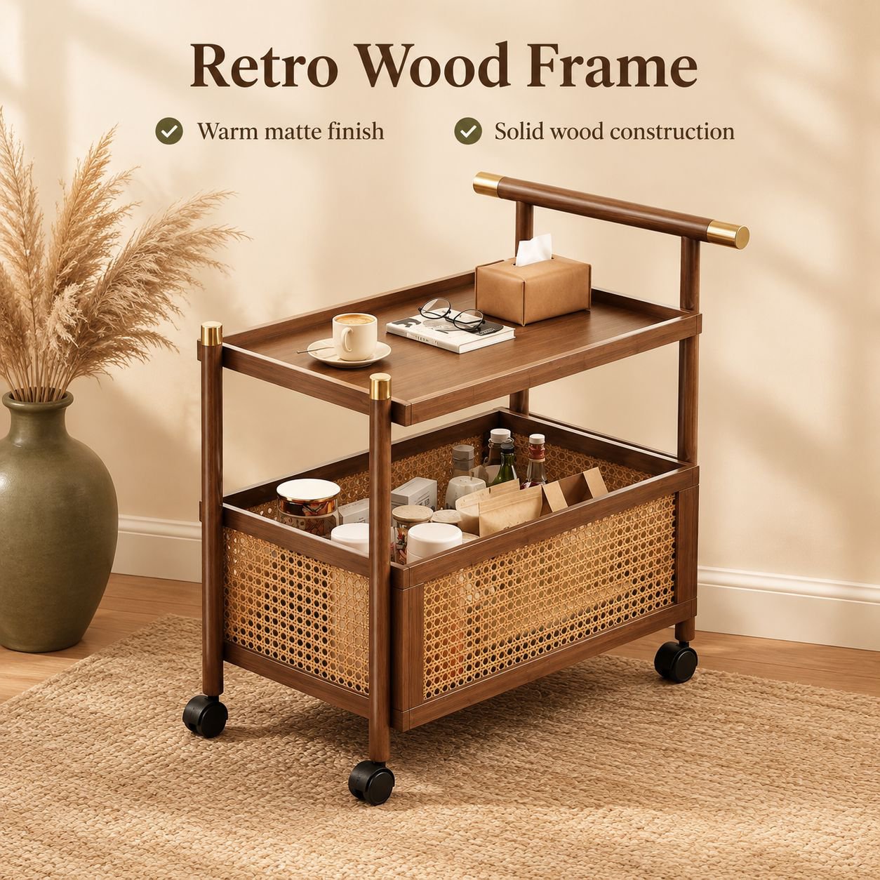 Retro Mobile Side Table Rolling Snack Cart Bedside Storage Small Coffee Table