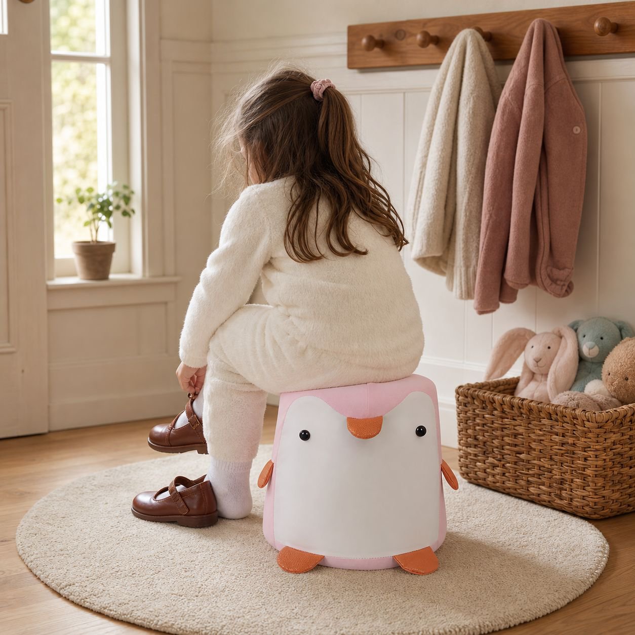 Penguin poop design stool in kids room setting