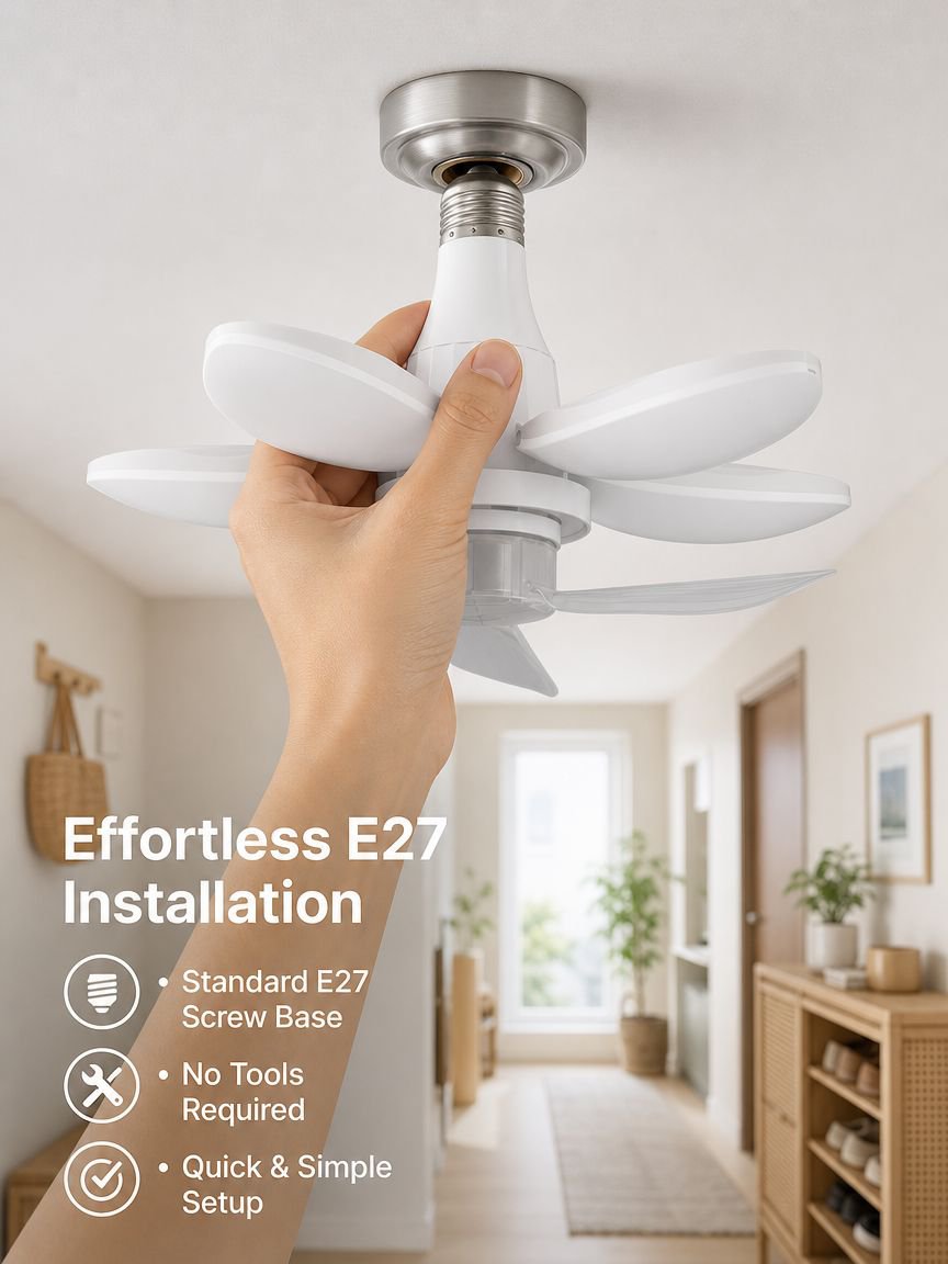 Folding lighting fixtures with fans