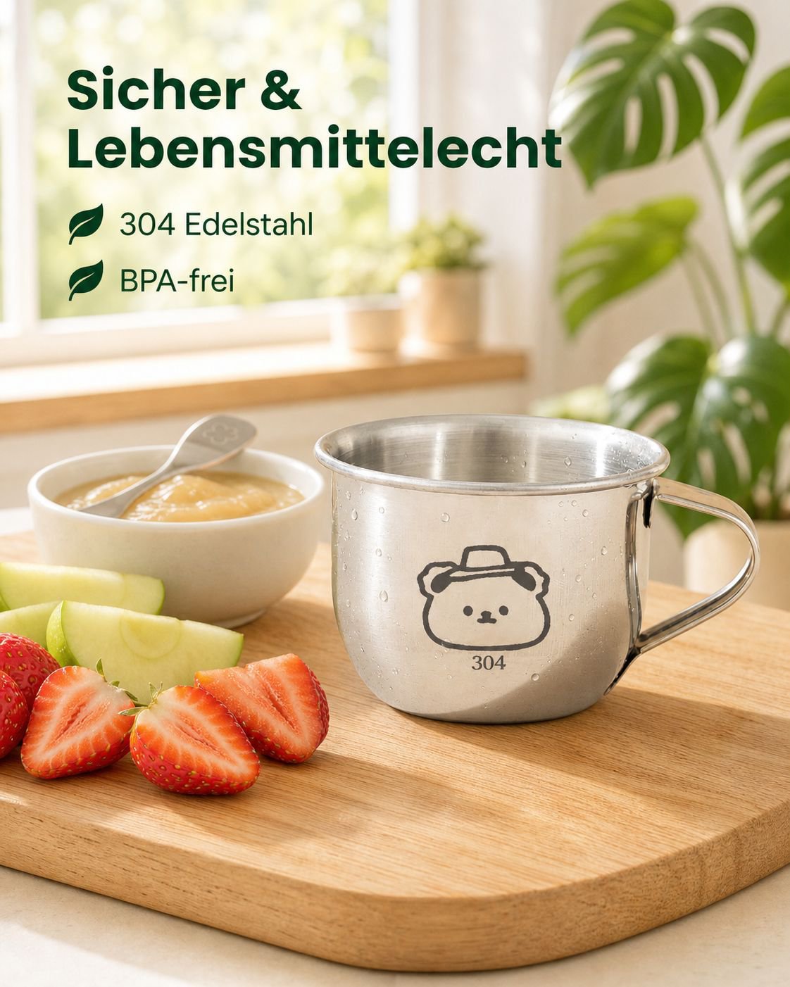 Babybecher aus Edelstahl mit Griff, lebensmittelecht, rutschfest für Kleinkinder