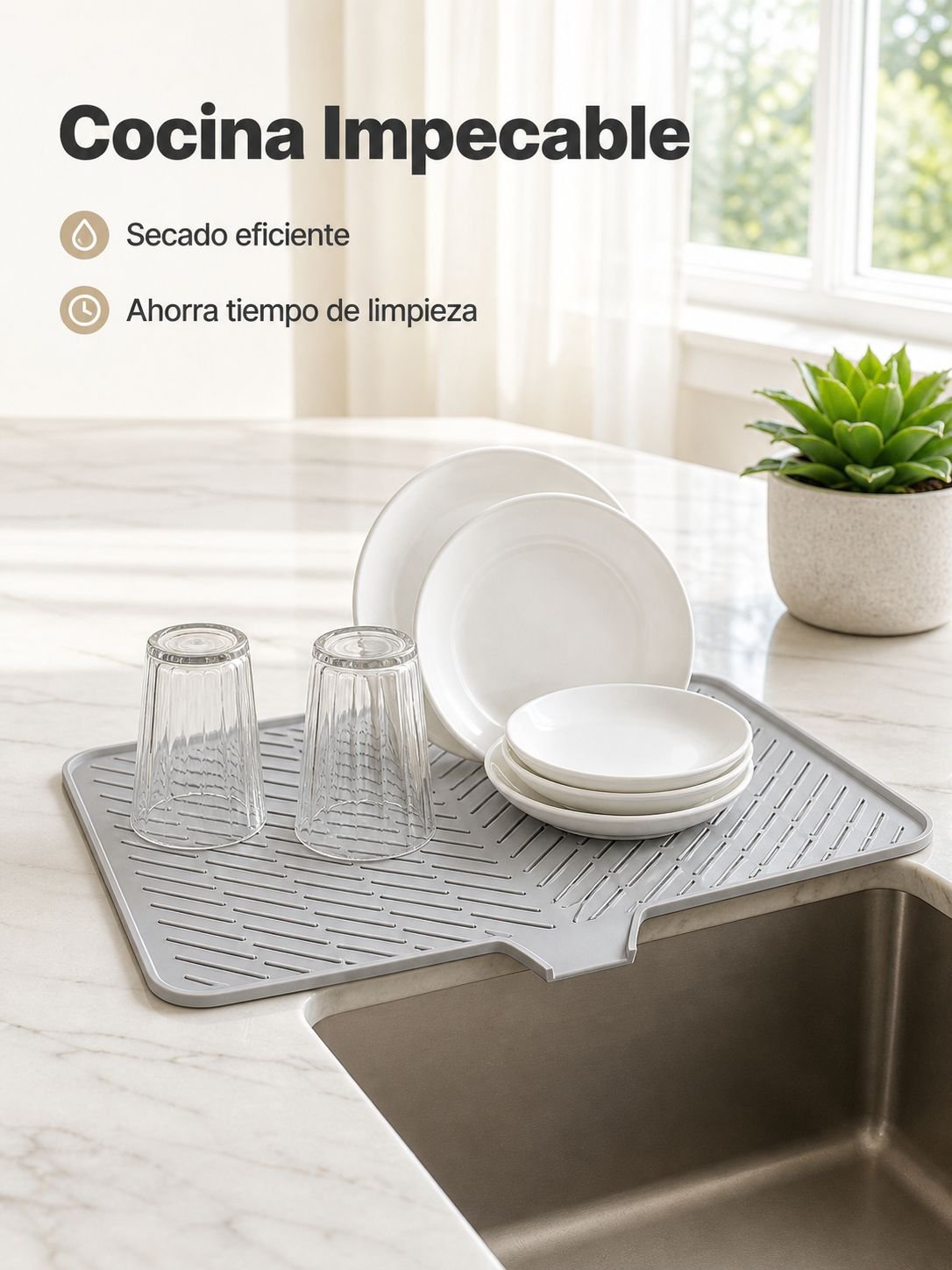 Alfombrilla de drenaje inclinada optimizando el espacio en la cocina