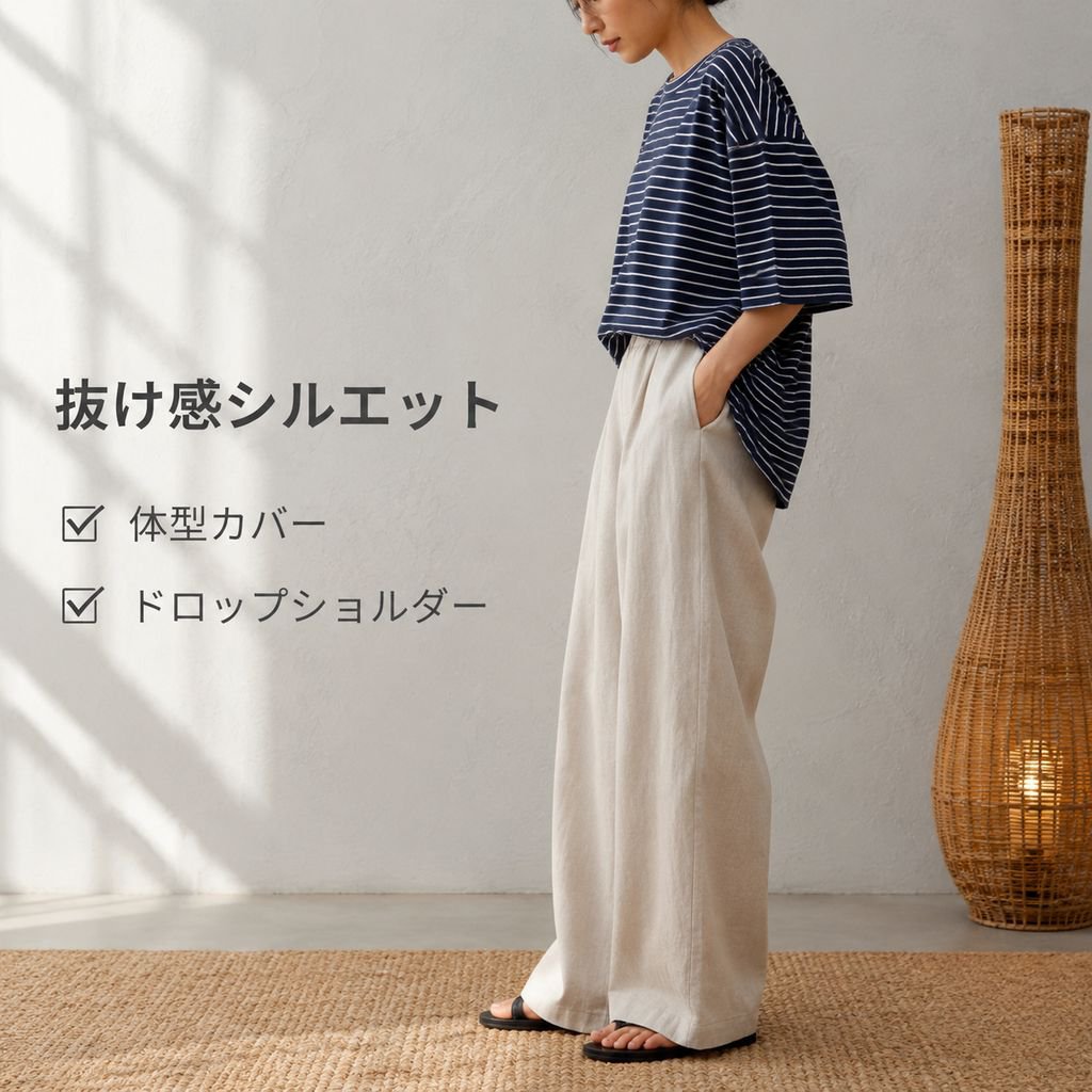 日本風ブルーストライプ ゆったり細見え カジュアル半袖Tシャツ