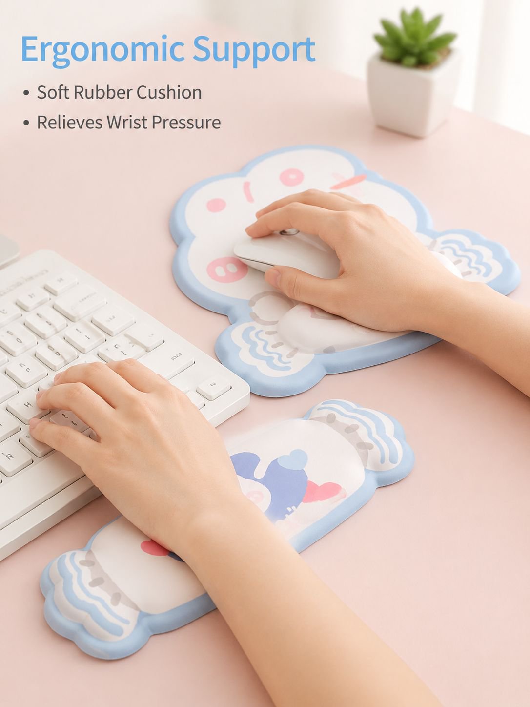 Cute Cartoon Wrist Rest Mouse Pad, Girls' Office Essential, White Rubber Keyboard Wrist Support