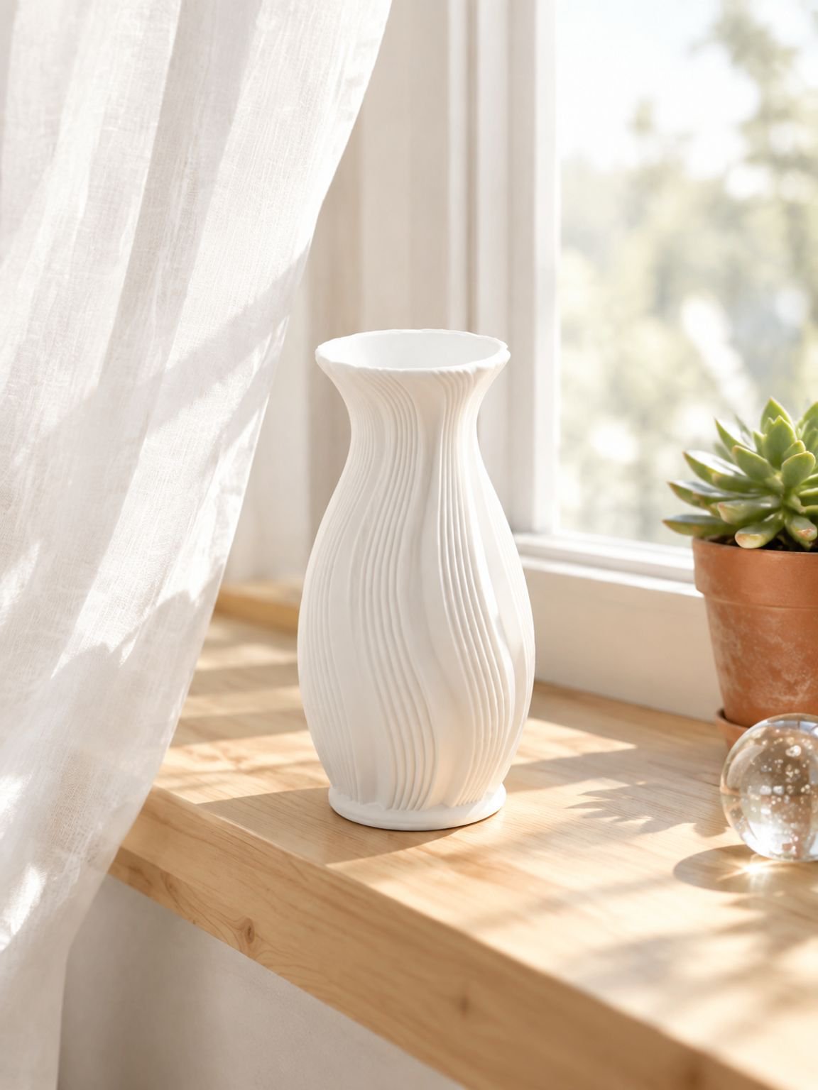 Decorative flower vase styled on a shelf at home