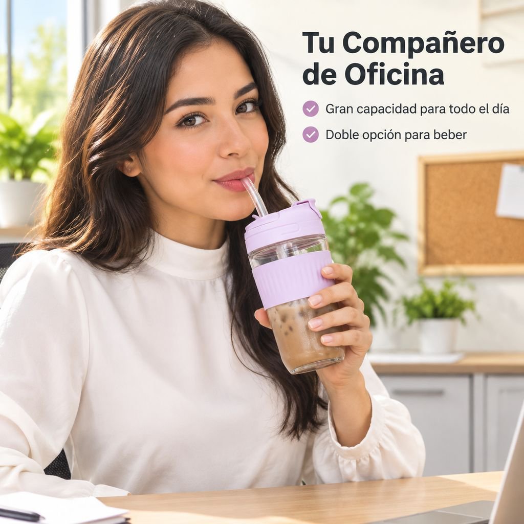 Vaso de Vidrio con Pajita Doble Bebida Gran Capacidad Hogar y Oficina