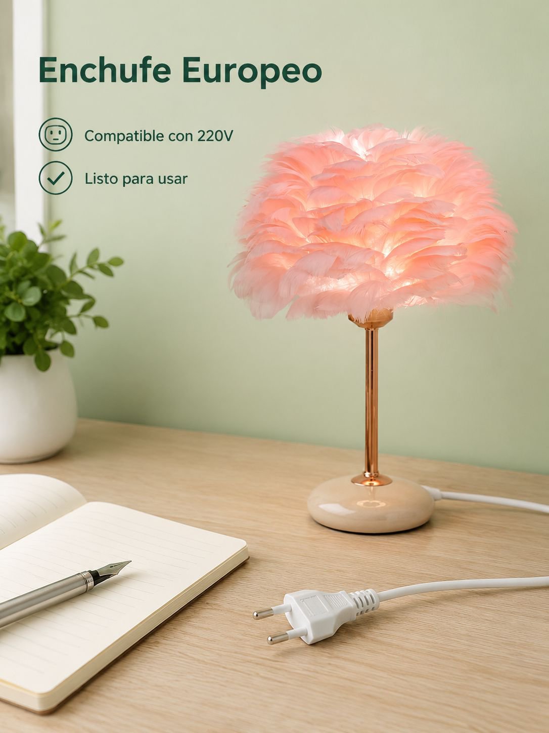 Lámpara de mesa decorativa de plumas
