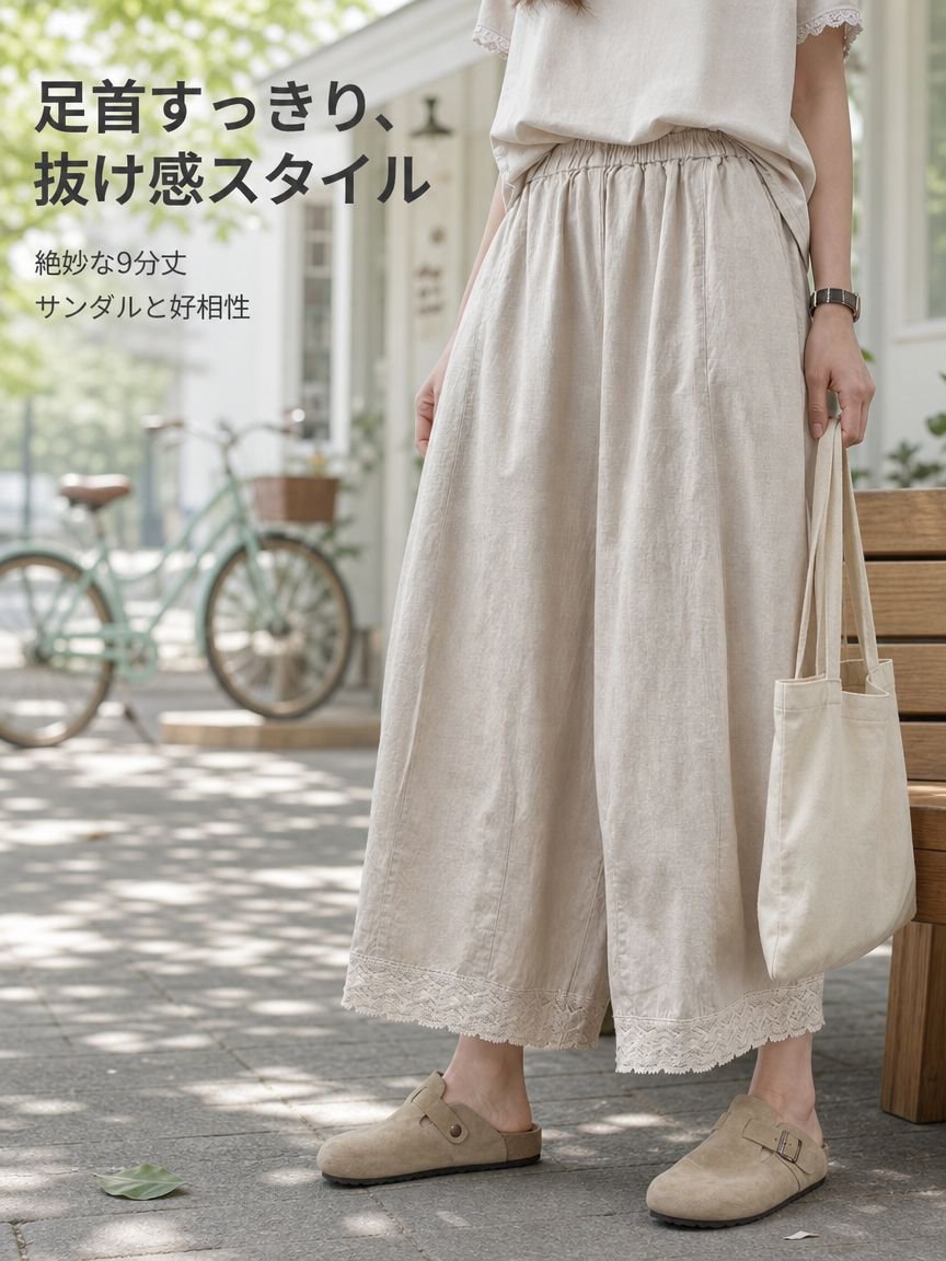 夏用綿麻ゆったりストレートワイドパンツ女性用
