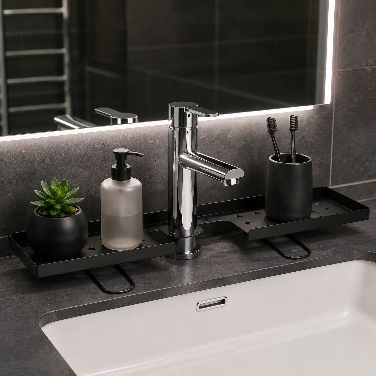 Bathroom Faucet Plant Stand holding a small succulent