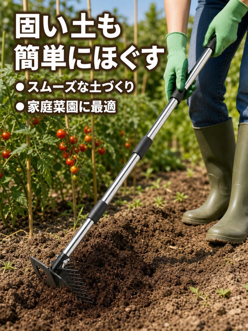 土をほぐしたり、雑草を取り除いたり、ガーデニングをするための、両面使える万能鍬、除草熊手、家庭用園芸道具。