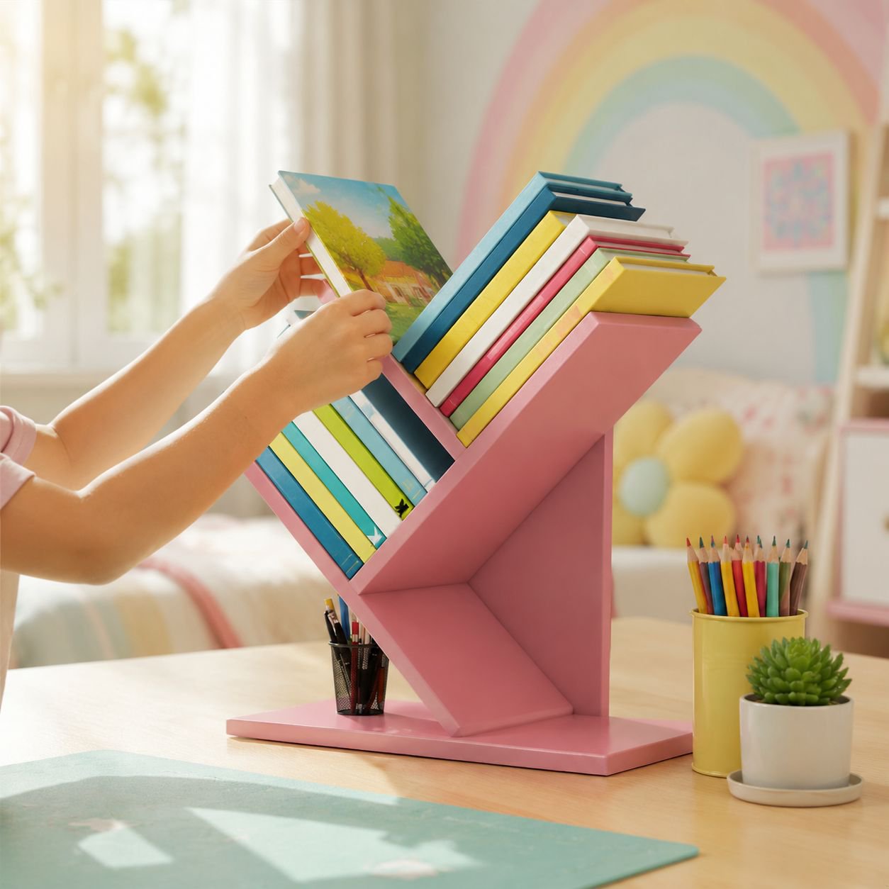 Wooden bookshelf shaped like a tree for home office organization