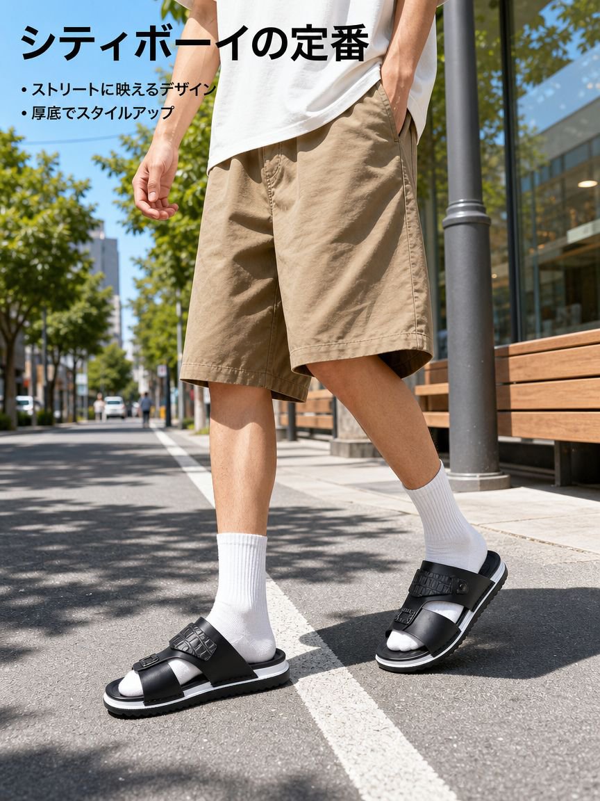 メンズ厚底パッチワークワイドサンダル