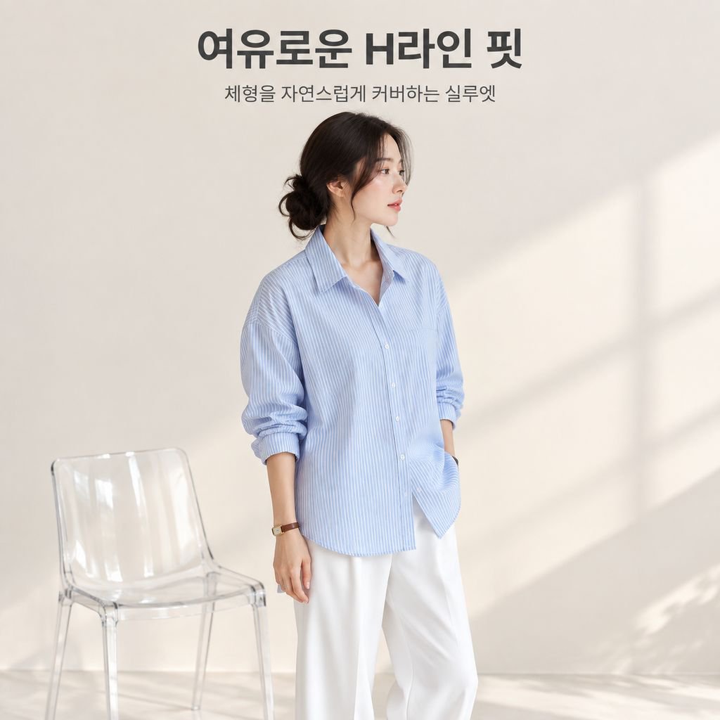 스타일리시한 루즈핏 스트라이프 상의 여성 롱 스타일 한국 디자인 셔츠