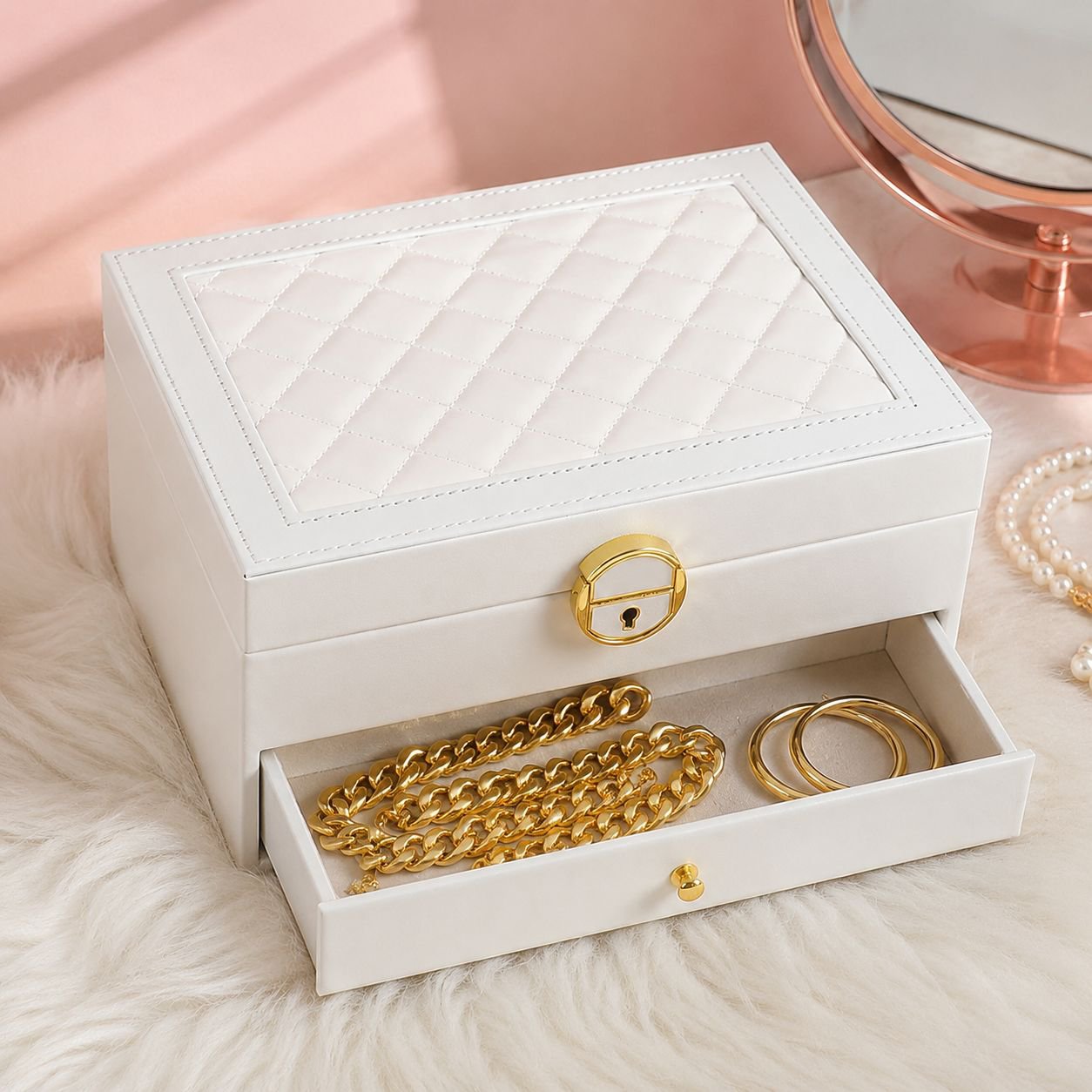 Detailed stitching on luxury leather jewelry box