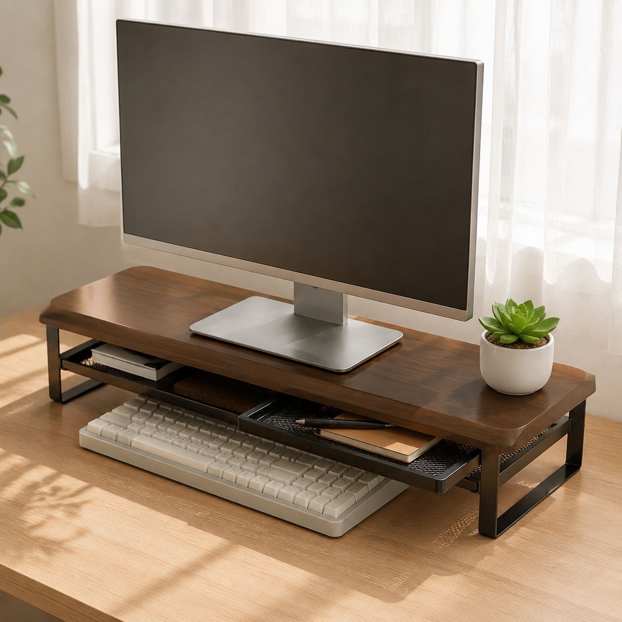 机上台モニタースタンド、2段構造、スライド式引き出し、PC作業に最適、組立簡単