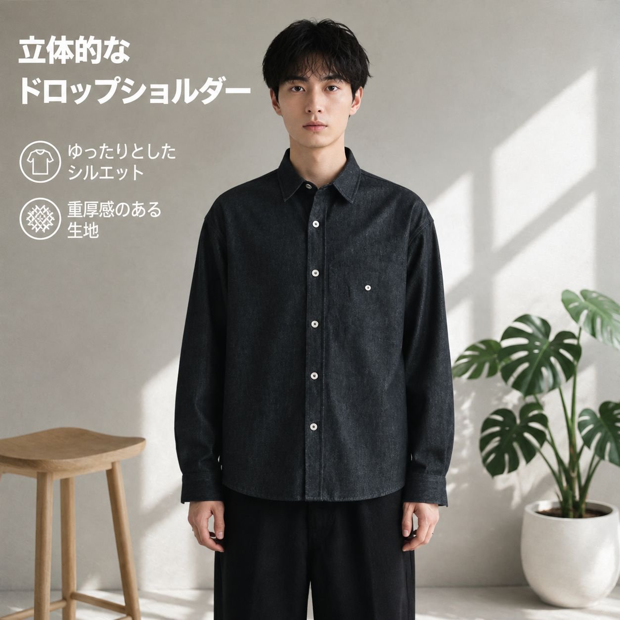 メンズルーズカジュアル長袖シャツ