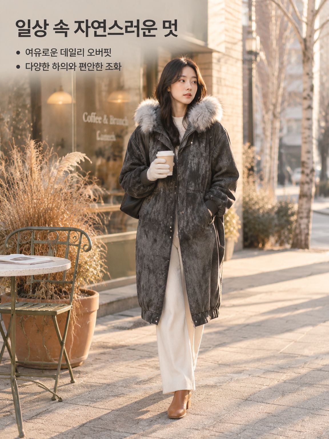 문예 복고풍 나염 패딩 나른한 스타일 퍼 카라 롱 점퍼