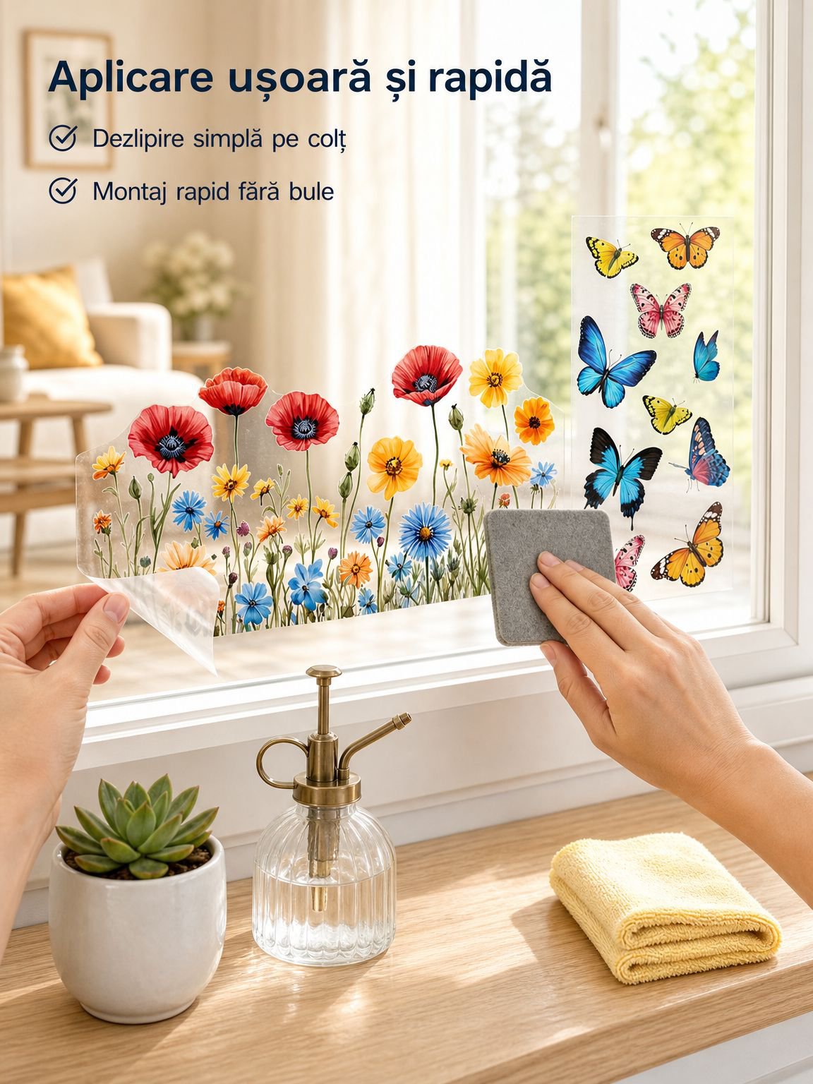 Autocolant autoadeziv transparent pentru sticlă cu model floral