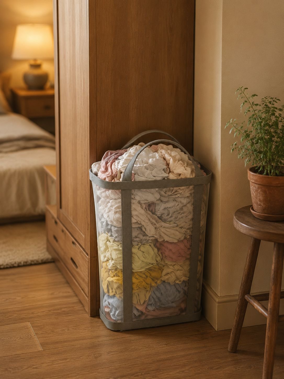 Foldable laundry hamper with a compact design for bedrooms and closets