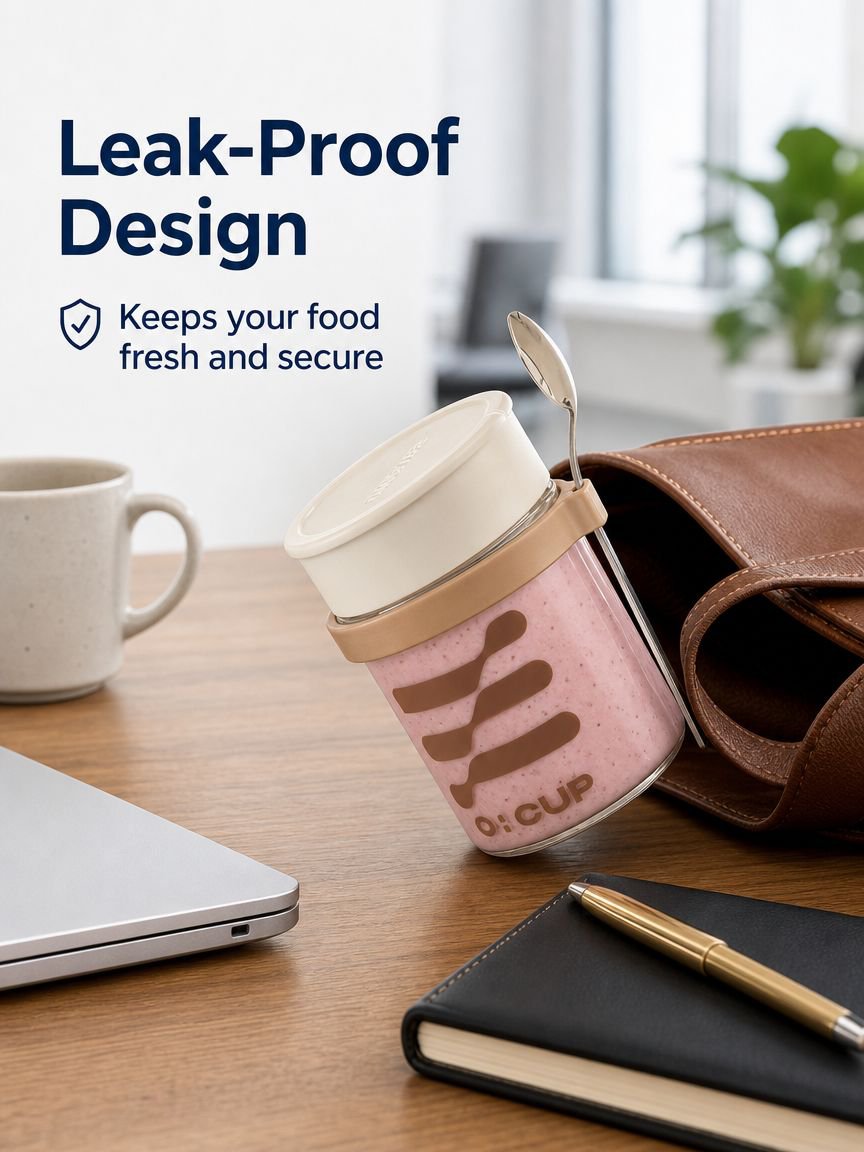 Breakfast cup, oatmeal cup, airtight glass jar with lid and spoon, portable milkshake, yogurt, grano