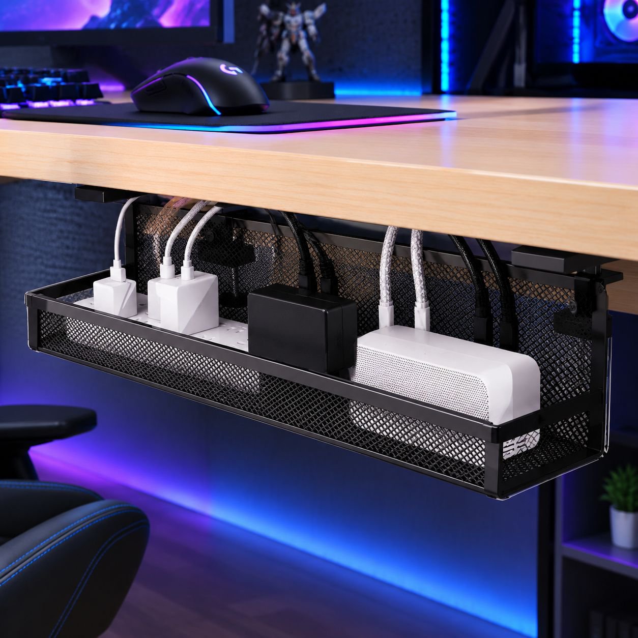 No-drill power strip holder, cable management box, under-desk cable organizer
