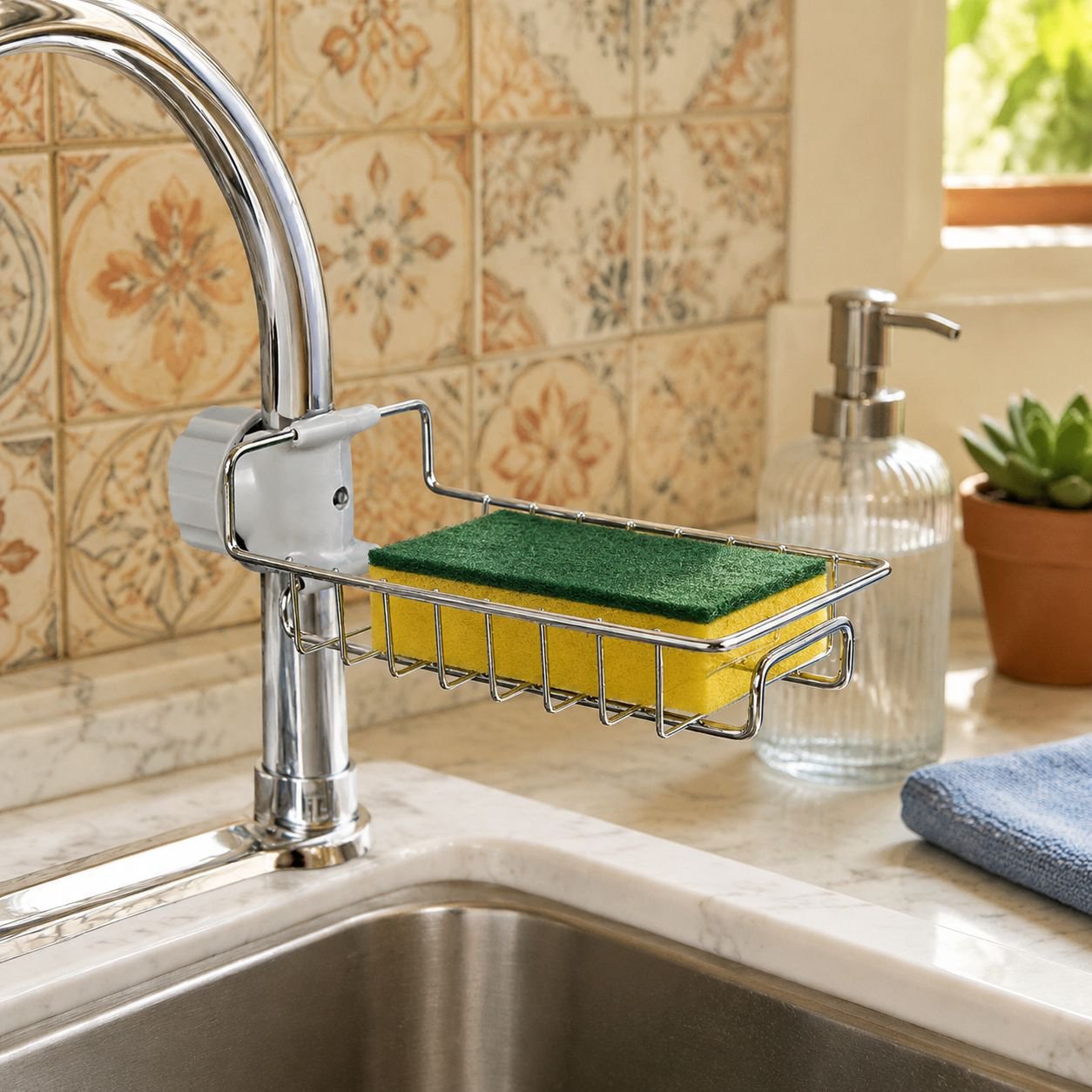 Organizador de fregadero de cocina, estante de drenaje de acero inoxidable para grifo