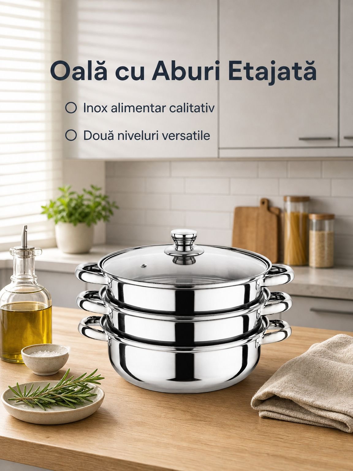 Aparat de gătit la abur din oțel inoxidabil, cu două niveluri