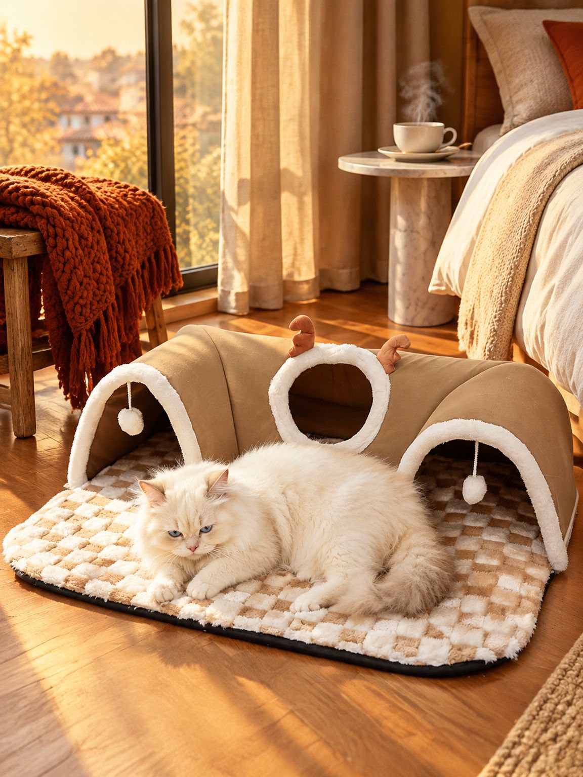 Cueva para mascotas con túnel y cama integrada para gatos