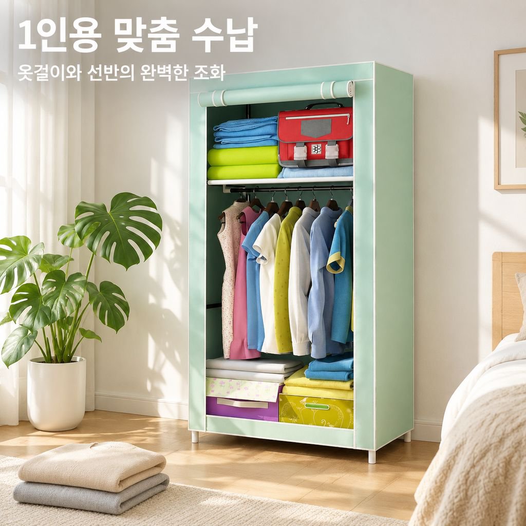 두껍고 보강된 강철 파이프를 사용한 1인용 패브릭 옷장.