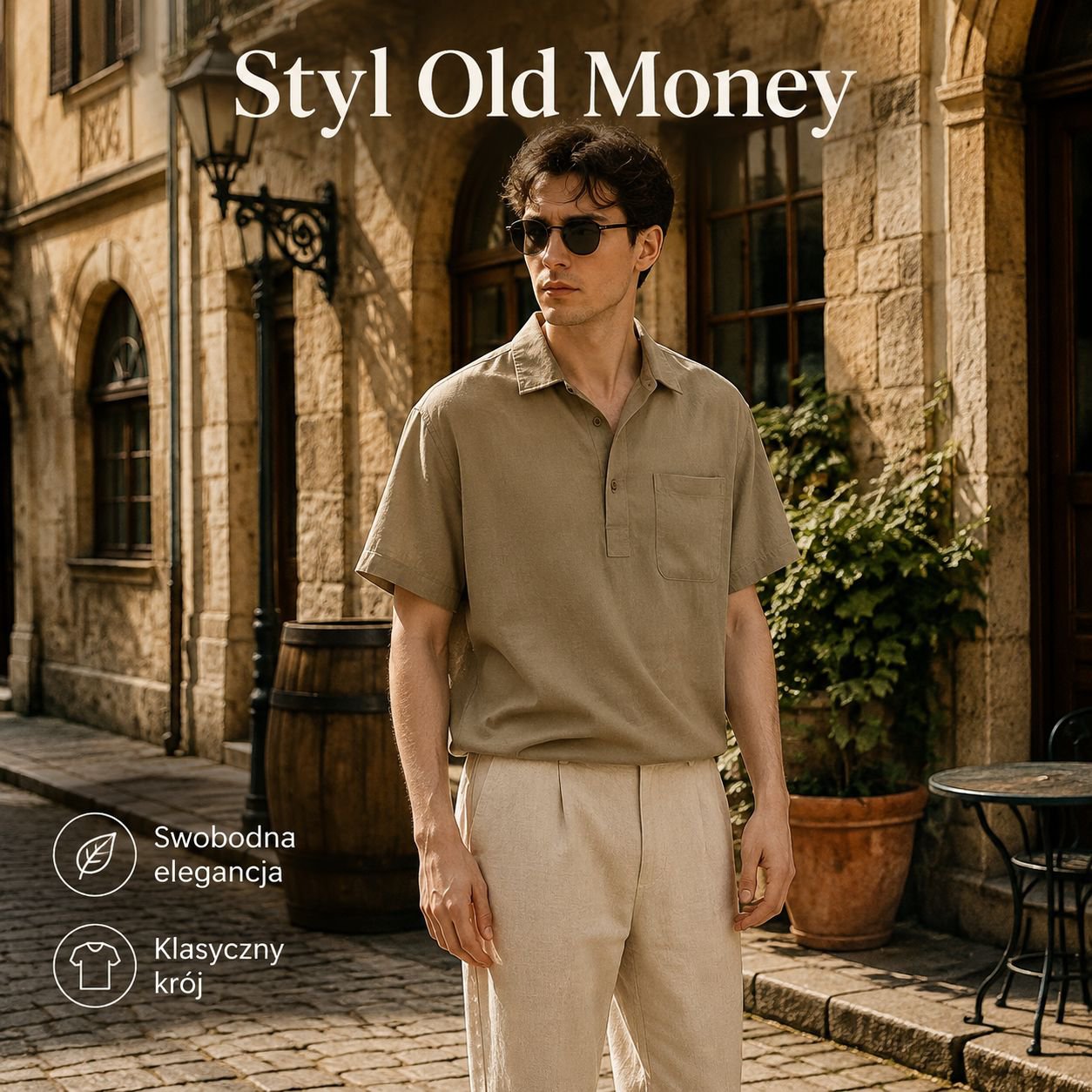 Stylowa męska koszulka polo z lyocellu i lnu, cienka, old money, z kołnierzykiem