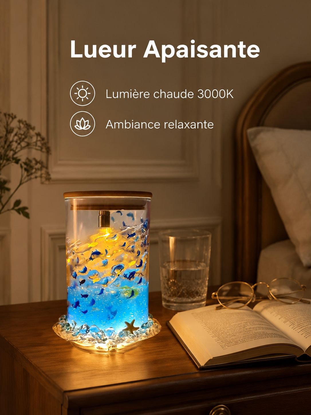Veilleuse lumineuse apaisante bleue avec petits poissons flottants