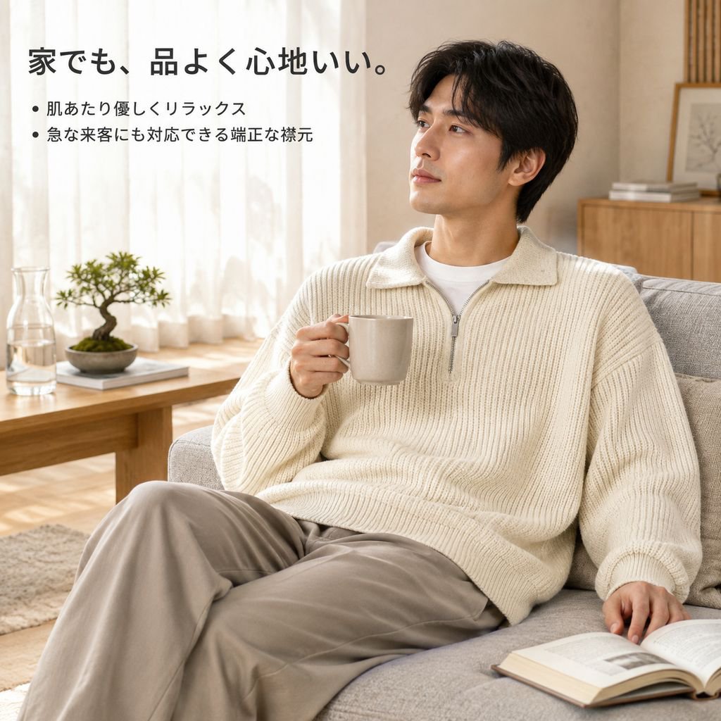 メンズ ハーフジップ 襟付き ニットセーター 秋冬 厚手 ゆったり ボア調 プルオーバー
