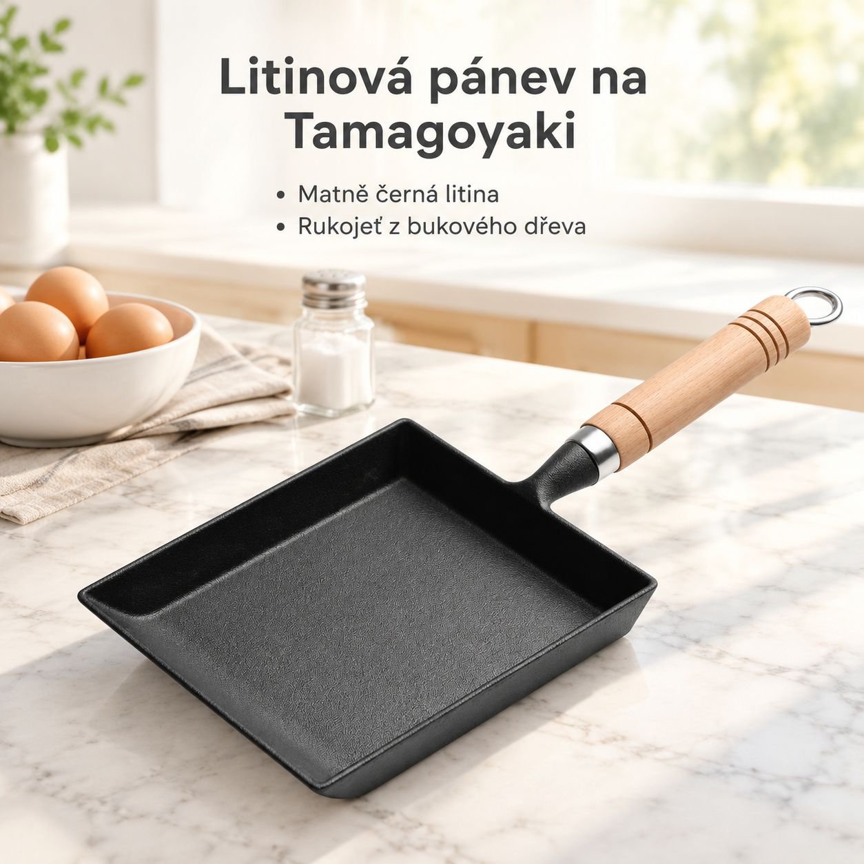 Litinová čtvercová pánev na Tamagoyaki a japonské vaječné omelety, bez povlaku