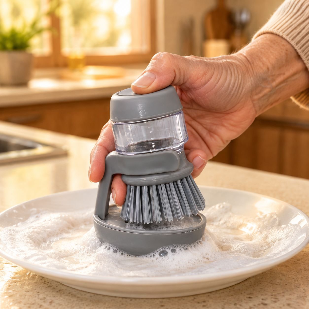 Dish brush scrubbing plates with soap foam