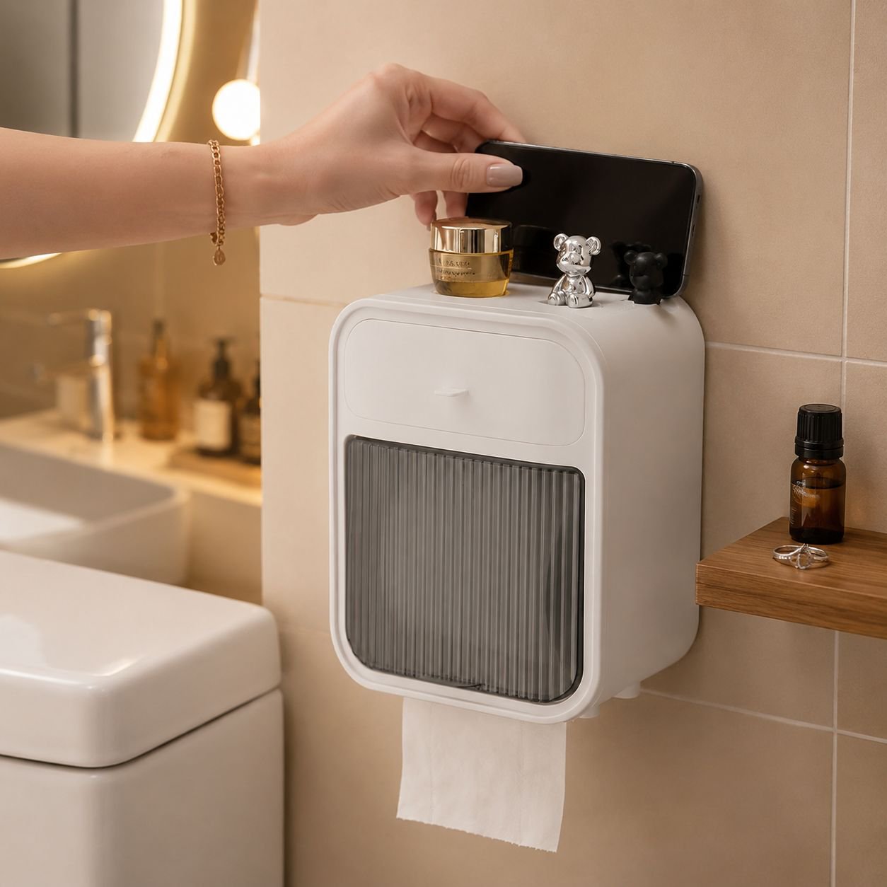 Waterproof Bathroom Tissue Box, No-Drill Wall Mounted Toilet Paper Holder