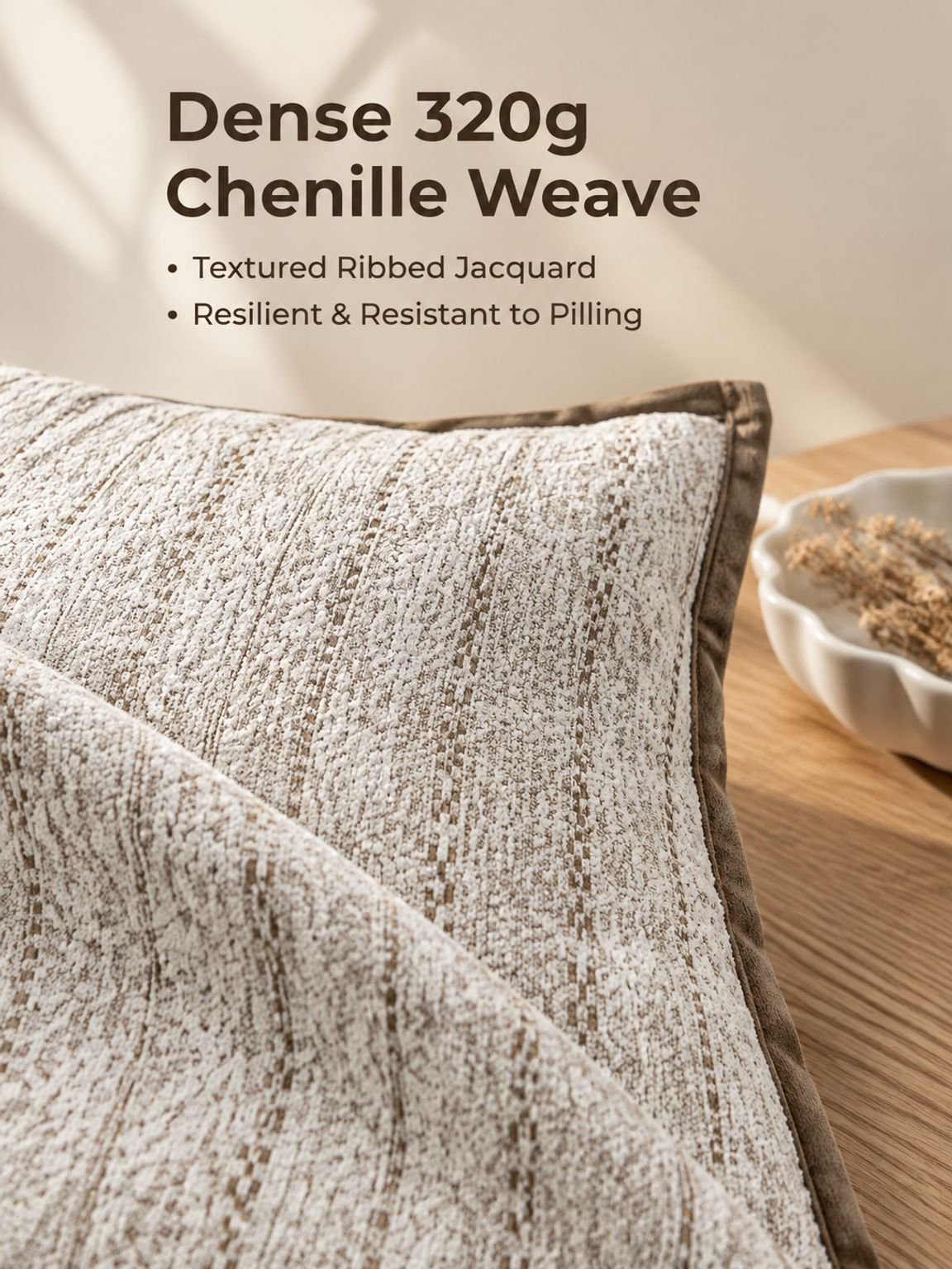 Close-up of the soft textured chenille fabric and floral pattern