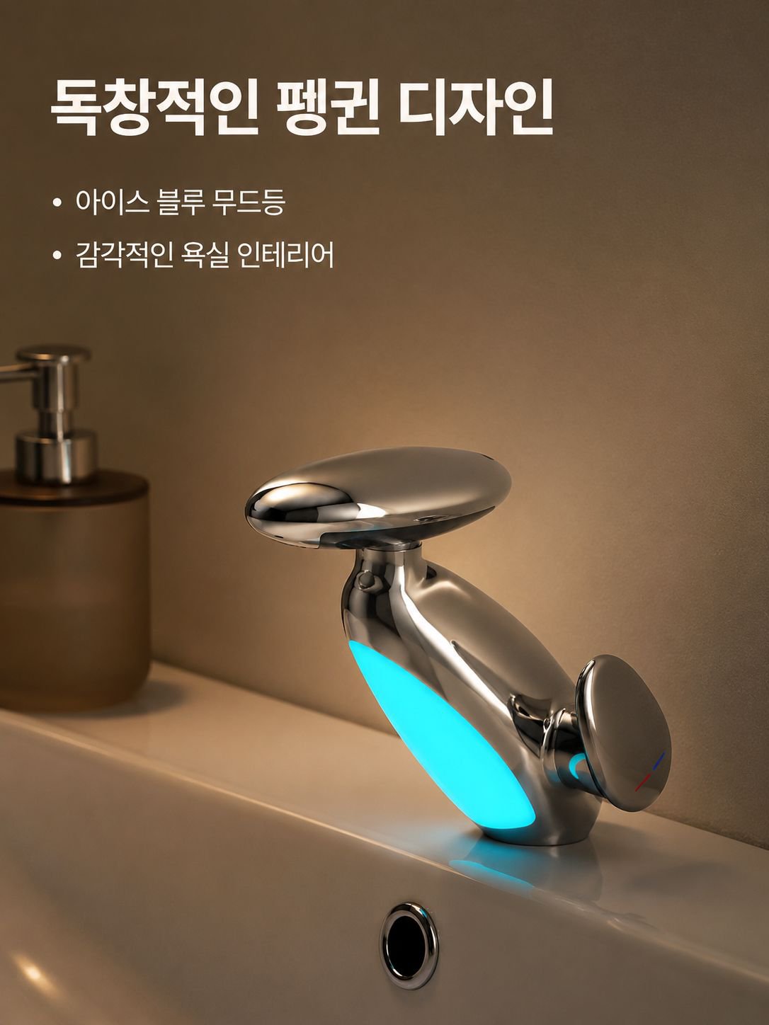 냉온 회전 상부 분사 펭귄 수도꼭지 전체 모습