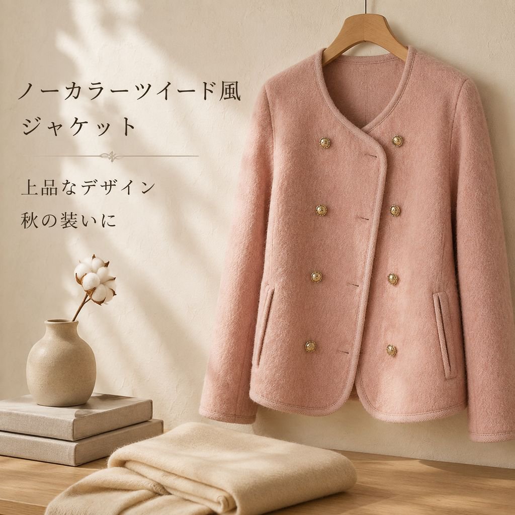 レディース ツイード調 ノーカラージャケット ダブルブレスト 大きいサイズ アウター