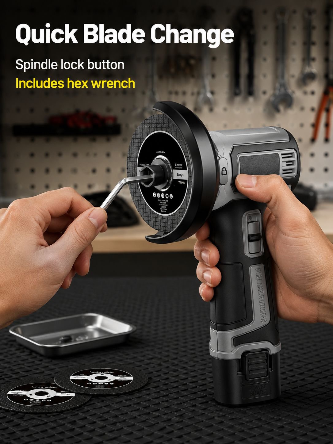 Lithium-ion angle grinder cutting metal pipe