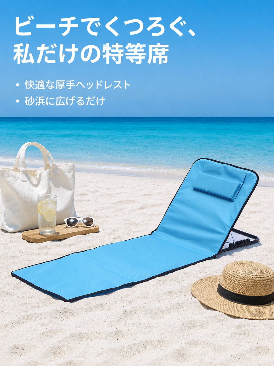 屋外用ポータブル折りたたみリクライニングチェア　ビーチマット付き