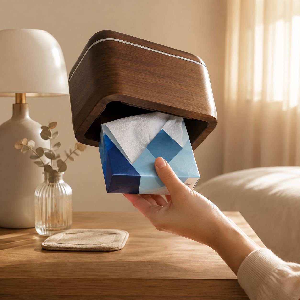 Vintage Taschentuchbox aus Holz mit Magnetfeder im Wohnzimmer