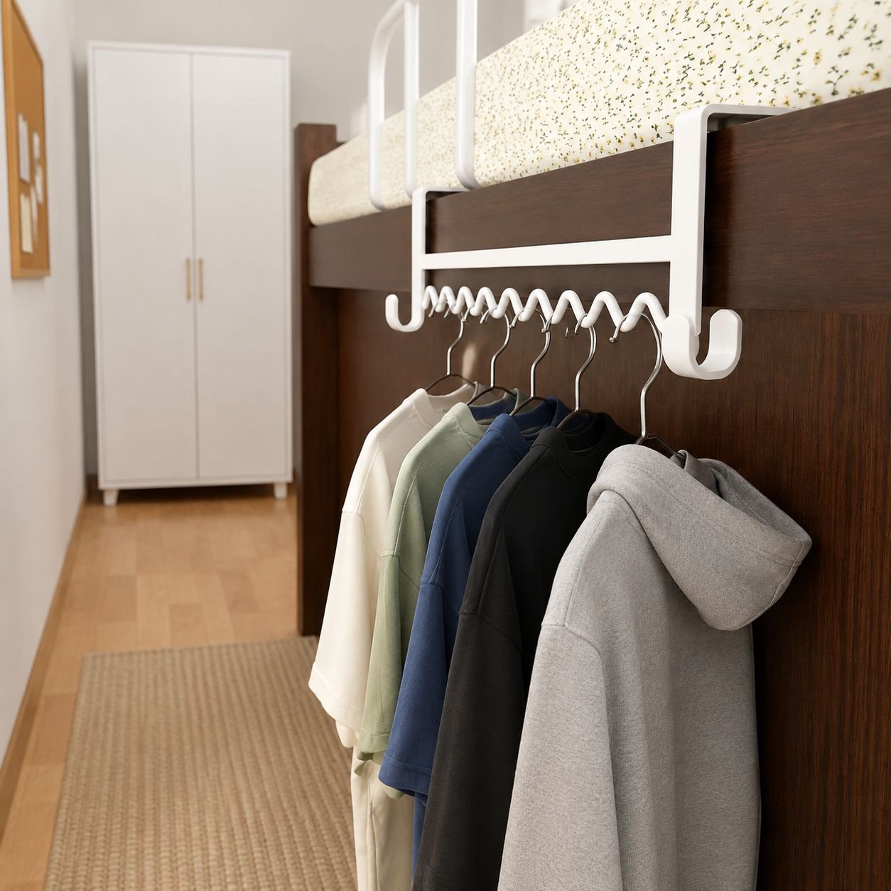 Multiple Wavy Dormitory Hooks used in closet