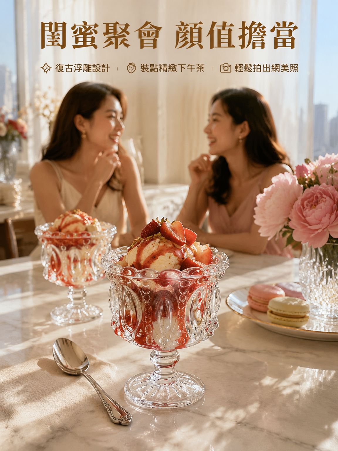 高腳甜品杯浮雕冰淇淋玻璃杯