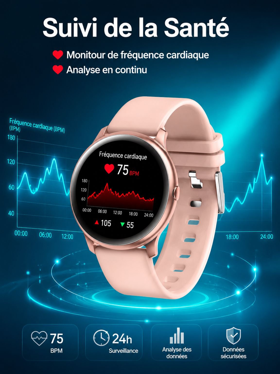 Bracelet connecté sur un poignet d'utilisateur en plein exercice
