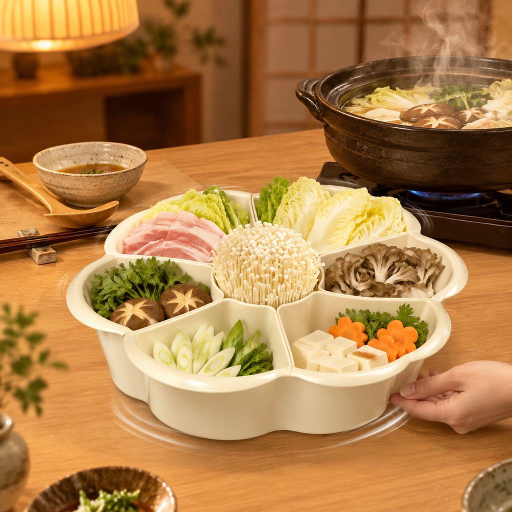 仕切り付き回転式ホットポット野菜皿、二層構造の特殊プラスチック製多機能丸型サイドディッシュプレート（家庭や集まりに最適）