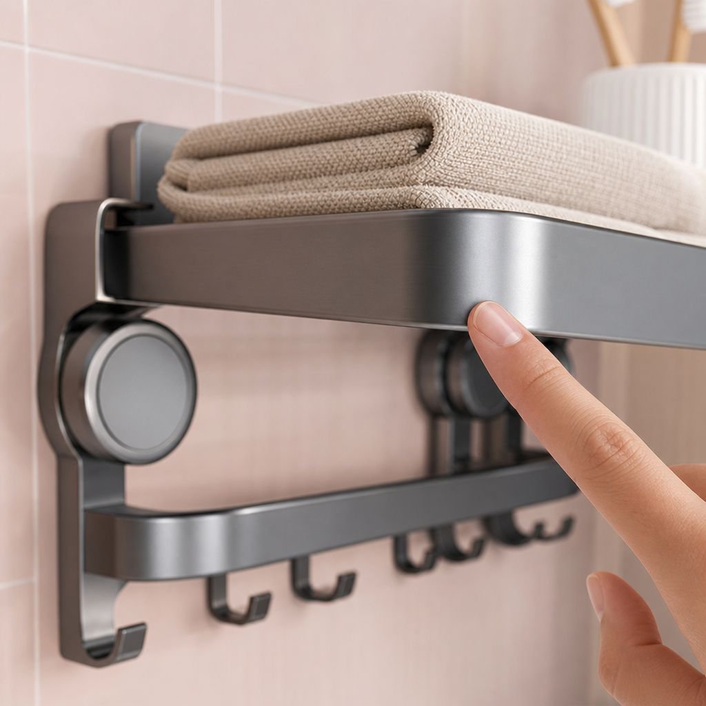 Accessoires de bain rangés sur l'étagère à ventouse