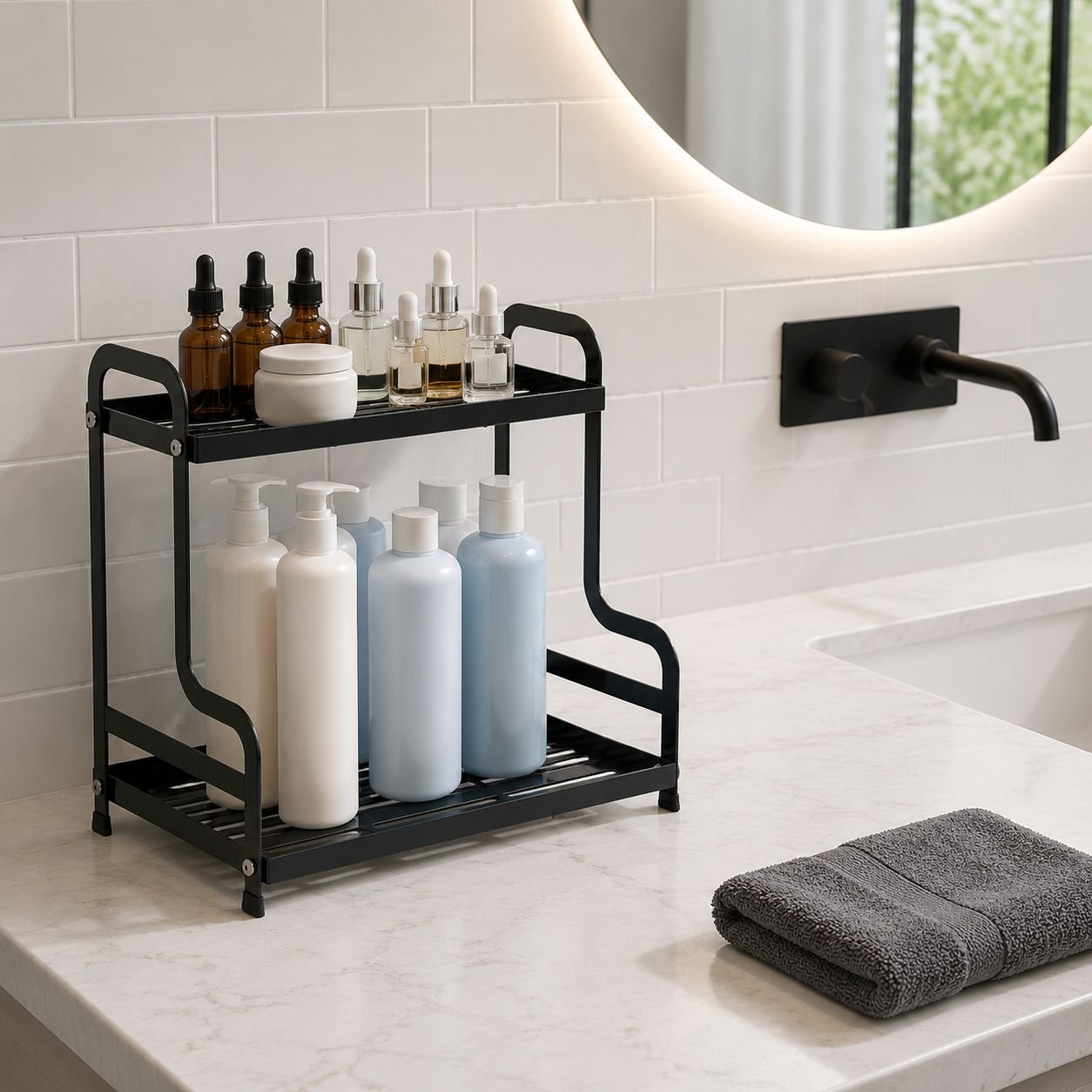 Space-saving bathroom rack for makeup and toiletries